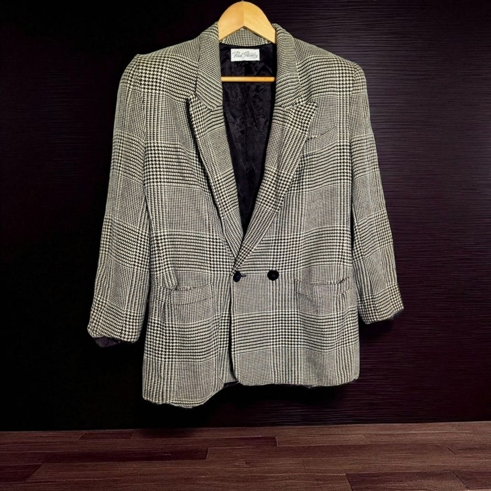 Paul Stanley Sz 12 Black and White Checkered Blazer Wool Blend